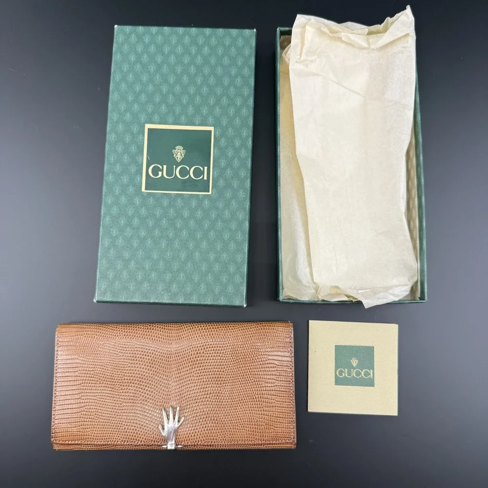 Vintage Gucci Lizard Wallet Sterling Silver 925 Hand Mano Clasp Box Rare 70s - Picture 2 of 16